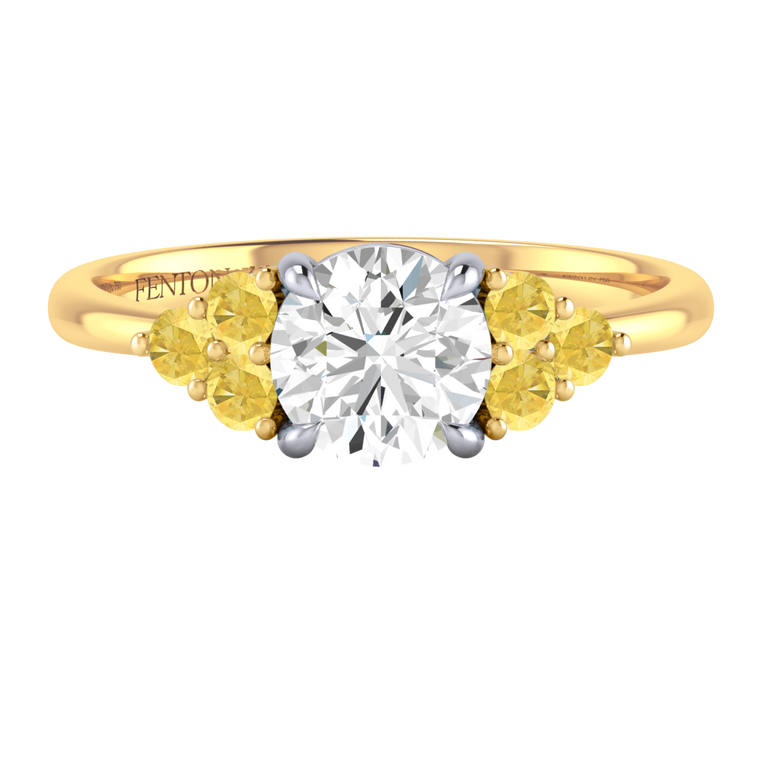 Naturally Mined Diamond Trefoil Round Cut Diamond and Yellow Sapphire 18k Yellow Gold Ring