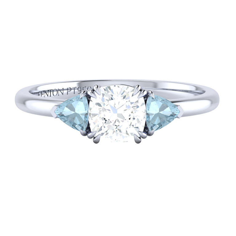 Naturally Mined Diamond Trilogy Cushion Cut Diamond and Aquamarine Platinum Ring