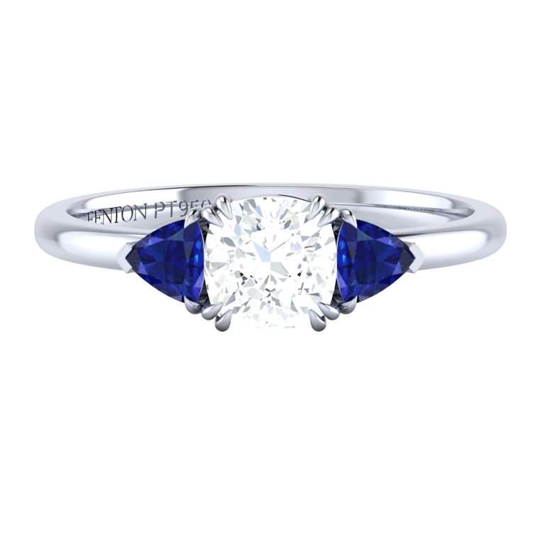 Naturally Mined Diamond Trilogy Cushion Cut Diamond and Blue Sapphire Platinum Ring