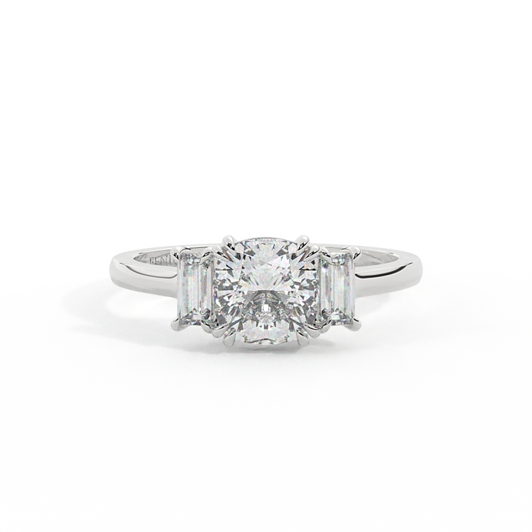 Lab Grown Diamond Trilogy Cushion Cut Diamond Platinum Ring with Baguette Accents