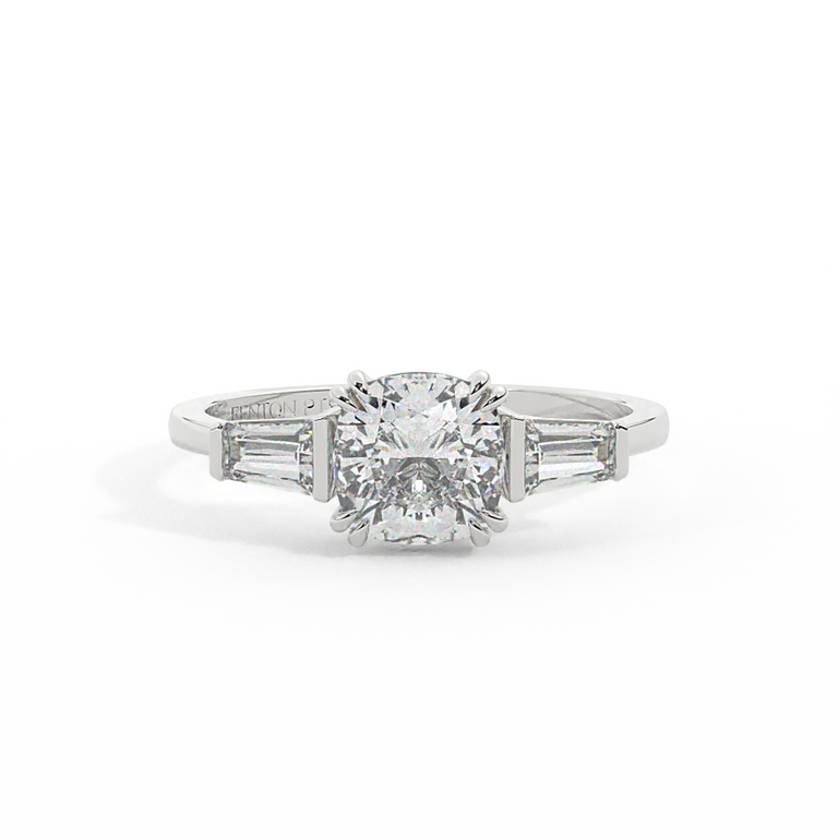 Lab Grown Diamond Trilogy Cushion Cut Diamond Platinum Ring with Tapered Baguette Accents