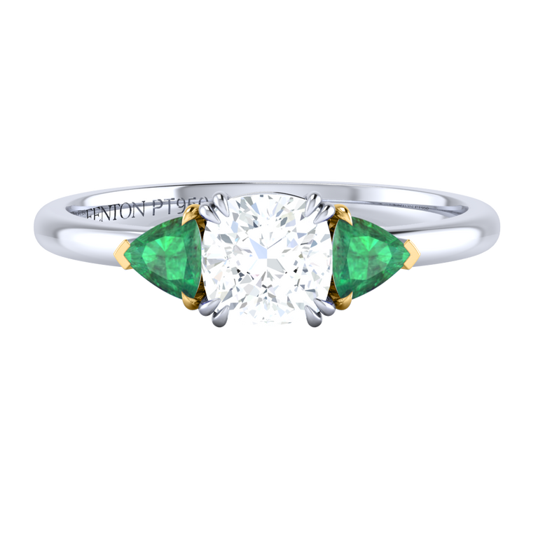 Naturally Mined Diamond Trilogy Cushion Cut Diamond and Emerald Platinum Ring