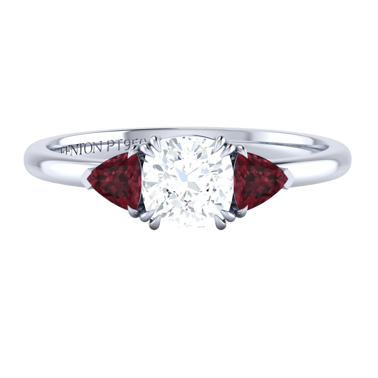 Naturally Mined Diamond Trilogy Cushion Cut Diamond and Garnet Platinum Ring