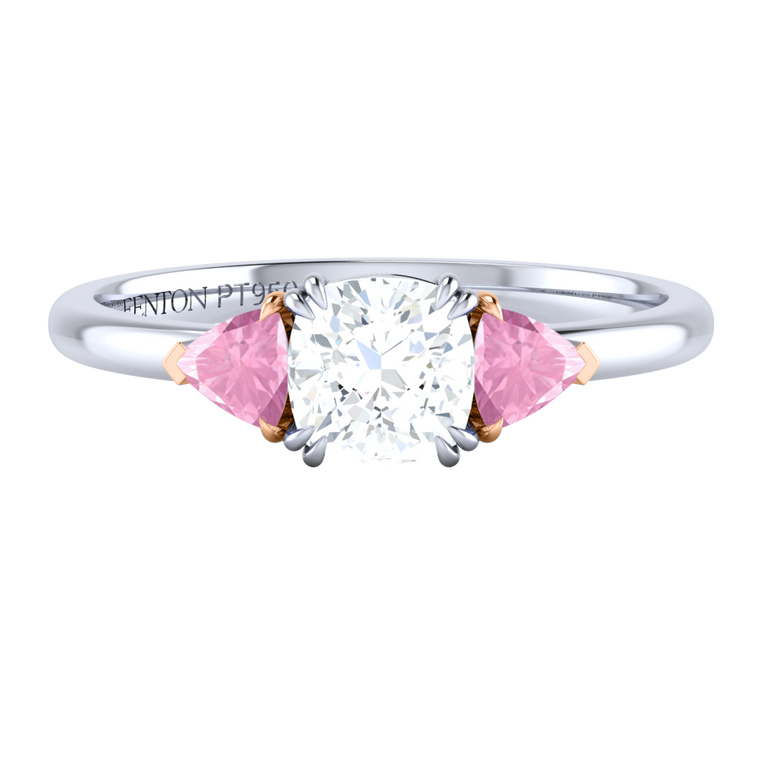 Naturally Mined Diamond Trilogy Cushion Cut Diamond and Pink Sapphire Platinum Ring