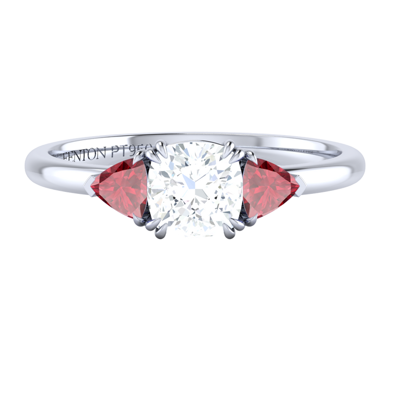 Lab Grown Diamond Trilogy Cushion Cut Diamond and Ruby Platinum Ring