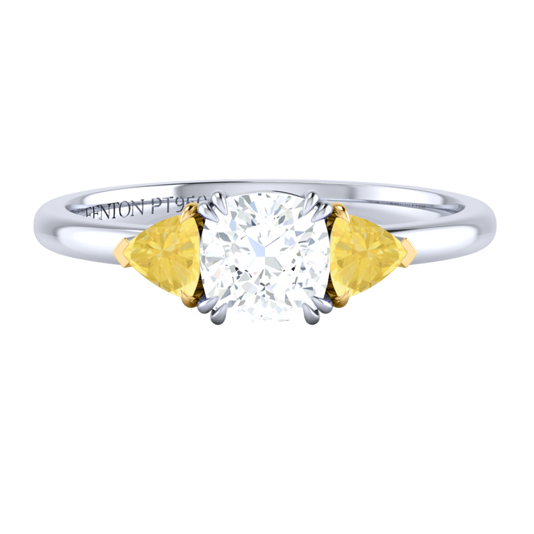 Naturally Mined Diamond Trilogy Cushion Cut Diamond and Yellow Sapphire Platinum Ring