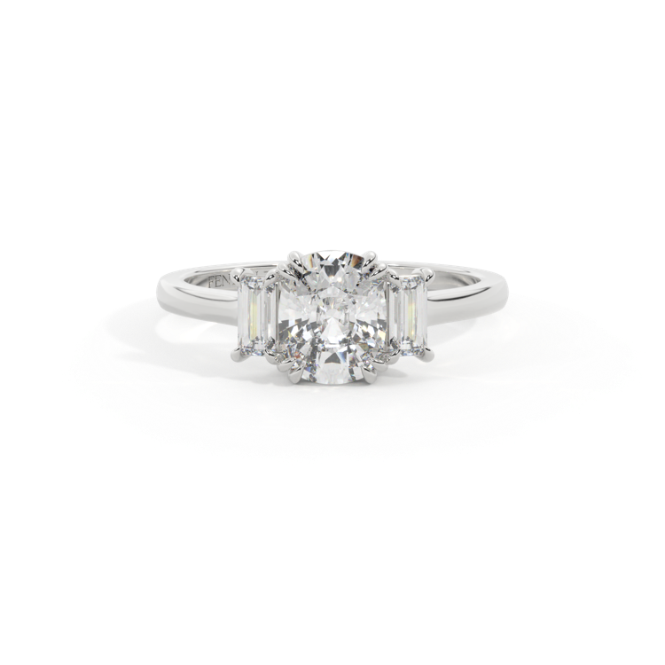 Naturally Mined Diamond Trilogy Elongated Cushion Cut Diamond Platinum Ring