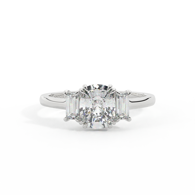 Lab Grown Diamond Trilogy Elongated Cushion Cut Diamond Platinum Ring with Baguette Accents