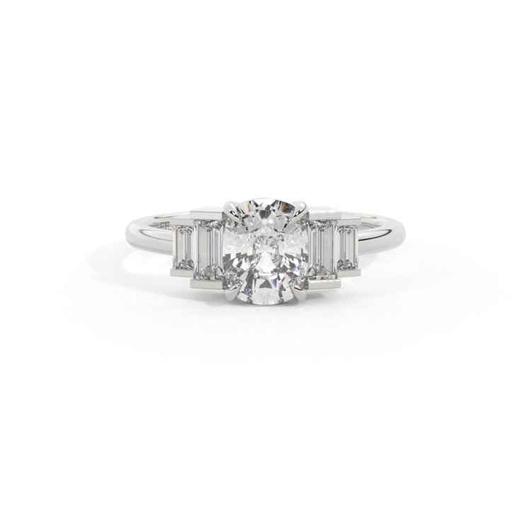 Naturally Mined Diamond Trilogy Elongated Cushion Cut Diamond Platinum Ring