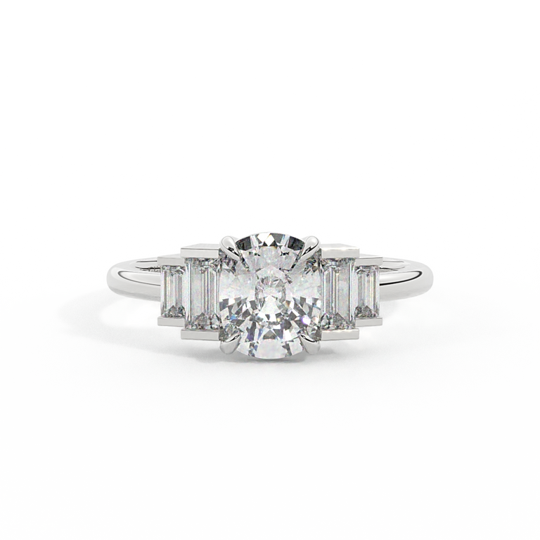 Lab Grown Diamond Trilogy Elongated Cushion Cut Diamond Platinum Ring with Double Baguette Accents