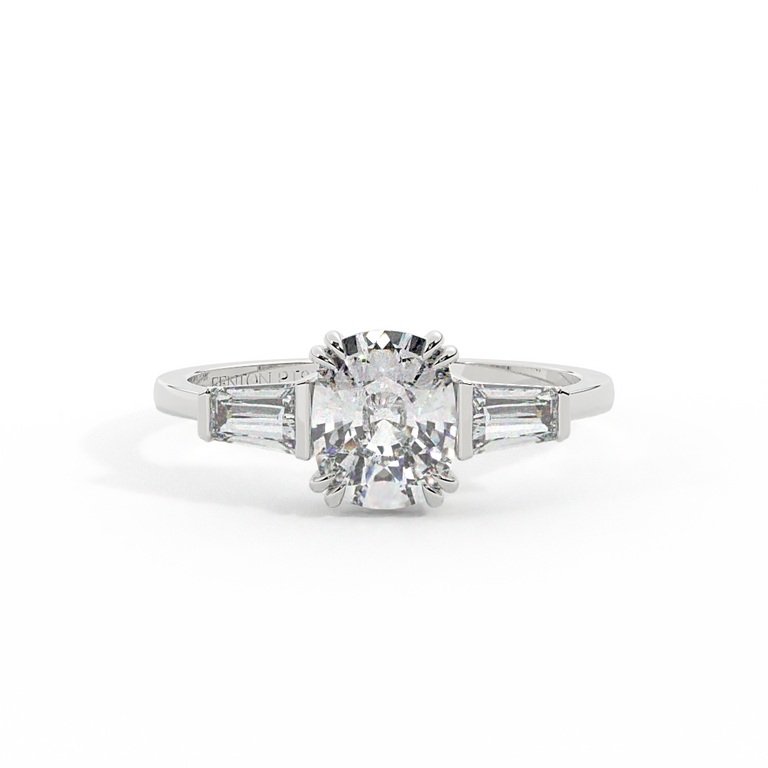 Lab Grown Diamond Trilogy Elongated Cushion Cut Diamond Platinum Ring with Tapered Baguette Accents
