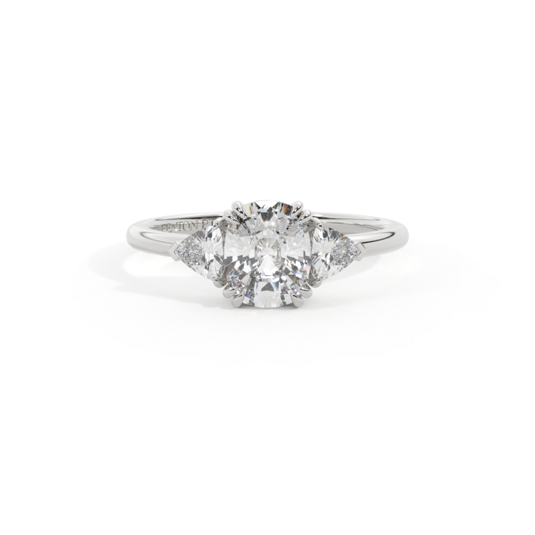 Naturally Mined Diamond Trilogy Elongated Cushion Cut Diamond Platinum Ring