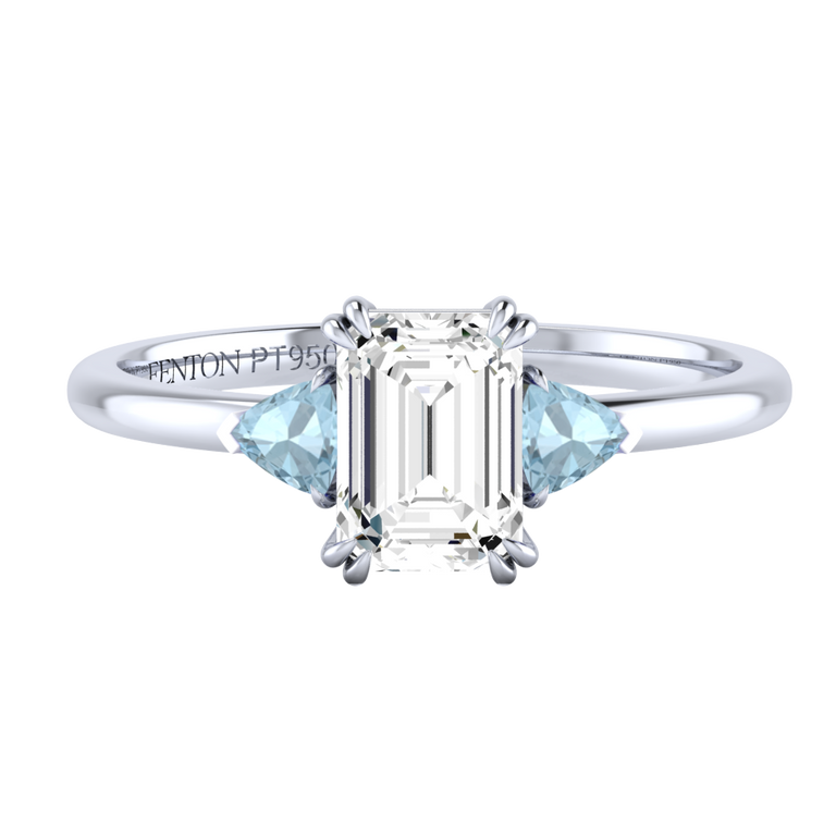 Lab Grown Diamond Trilogy Emerald Cut Diamond and Aquamarine Platinum Ring