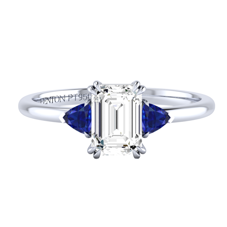 Naturally Mined Diamond Trilogy Emerald Cut Diamond and Blue Sapphire Platinum Ring