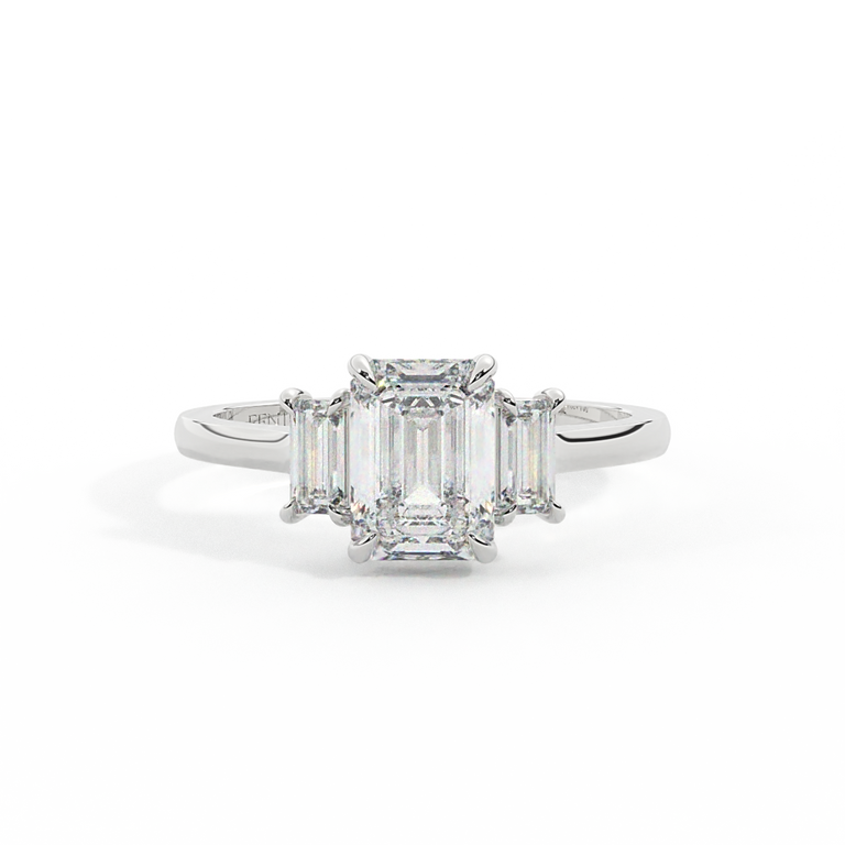 Lab Grown Diamond Trilogy Emerald Cut Diamond Platinum Ring with Baguette Accents