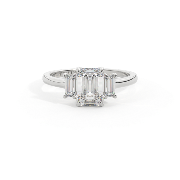 Lab Grown Diamond Trilogy Emerald Cut Diamond Platinum Ring with Baguette Accents