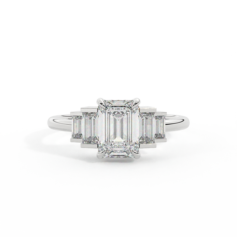 Lab Grown Diamond Trilogy Emerald Cut Diamond Platinum Ring with Double Baguette Accents