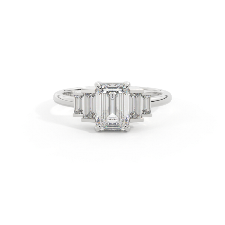 Lab Grown Diamond Trilogy Emerald Cut Diamond Platinum Ring with Double Baguette Accents