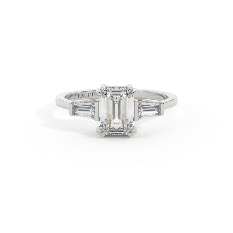 Lab Grown Diamond Trilogy Emerald Cut Diamond Platinum Ring with Tapered Baguette Accents