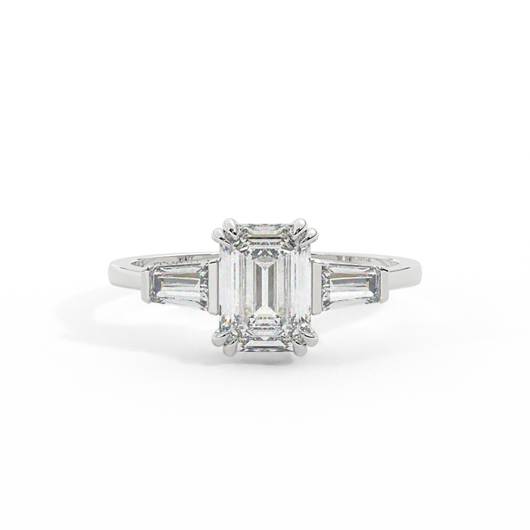Lab Grown Diamond Trilogy Emerald Cut Diamond Platinum Ring with Tapered Baguette Accents