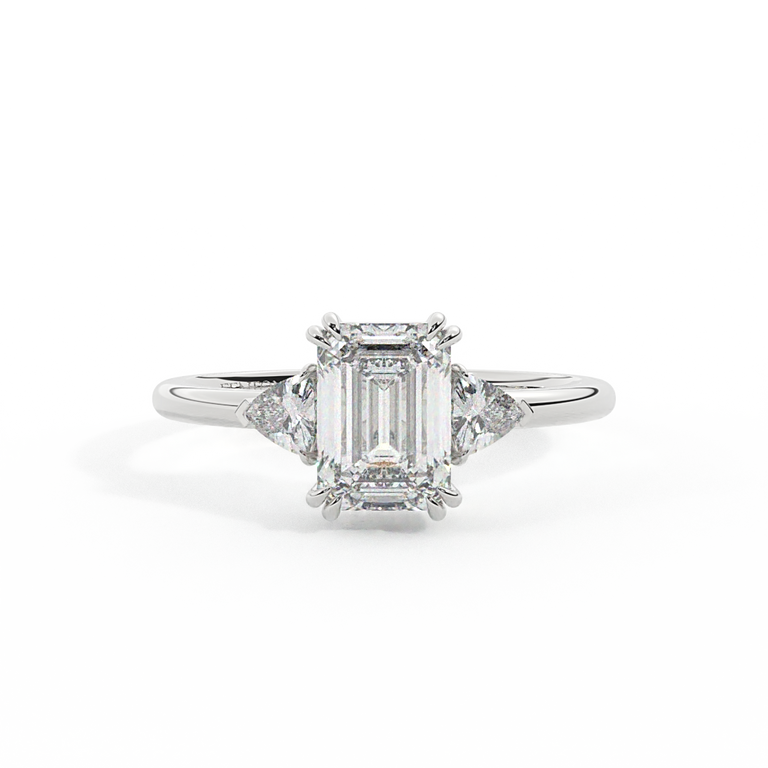 Lab Grown Diamond Trilogy Emerald Cut Diamond Platinum Ring with Trillion Accents