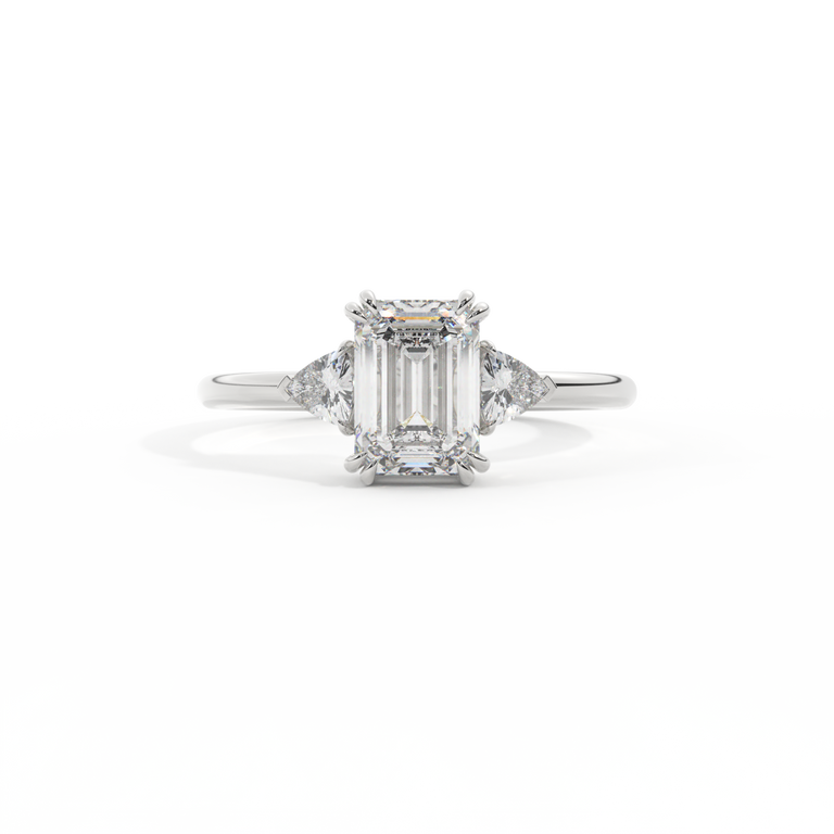 Lab Grown Diamond Trilogy Emerald Cut Diamond Platinum Ring with Trillion Accents