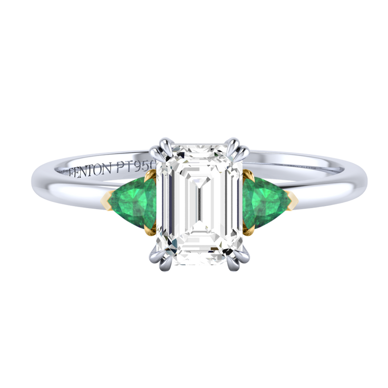 Lab Grown Diamond Trilogy Emerald Cut Diamond and Emerald Platinum Ring