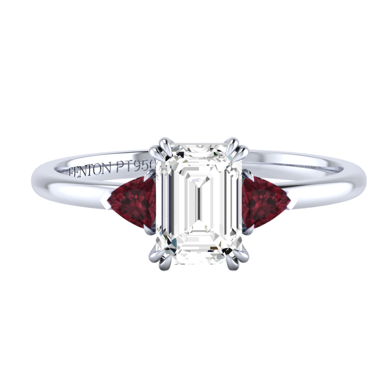 Lab Grown Solar Diamond Trilogy Emerald Cut Diamond and Garnet Platinum Ring