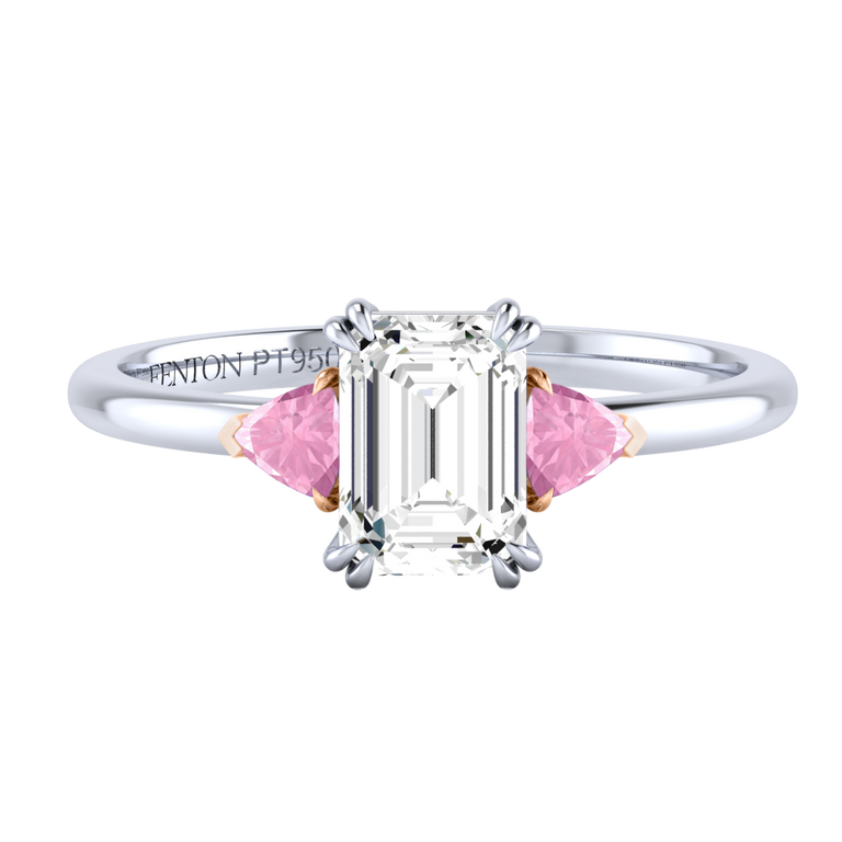 Lab Grown Solar Diamond Trilogy Emerald Cut Diamond and Pink Sapphire Platinum Ring