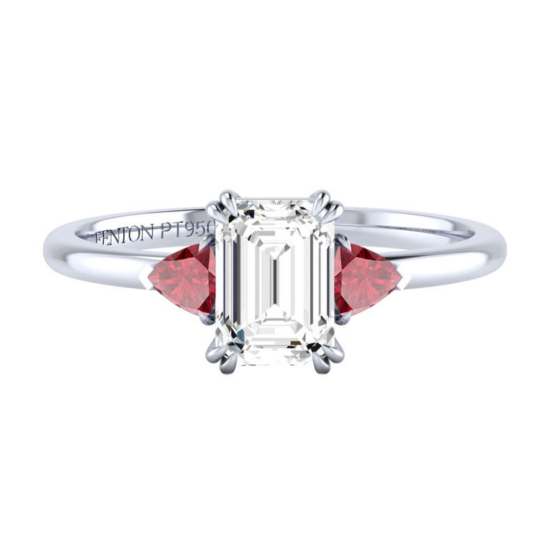 Lab Grown Diamond Trilogy Emerald Cut Diamond and Ruby Platinum Ring