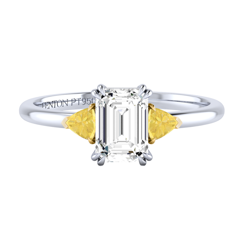 Lab Grown Solar Diamond Trilogy Emerald Cut Diamond and Yellow Sapphire Platinum Ring