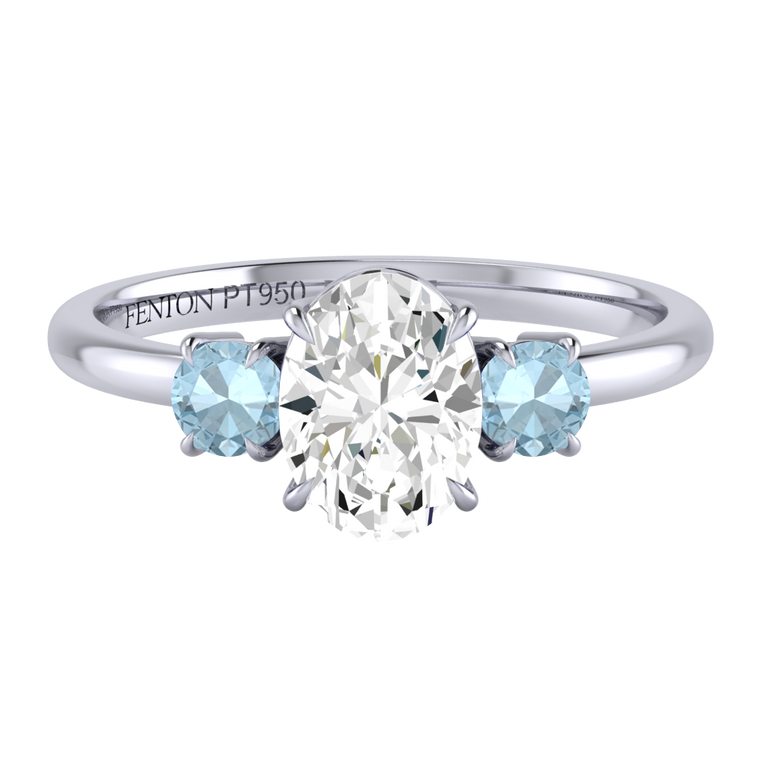 Naturally Mined Diamond Trilogy Oval Cut Diamond and Aquamarine Platinum Ring