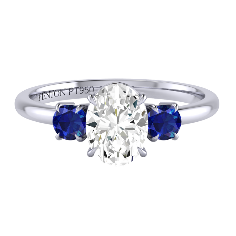 Naturally Mined Diamond Trilogy Oval Cut Diamond and Blue Sapphire Platinum Ring