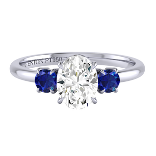 Lab Grown Solar Diamond Trilogy Oval Cut Diamond and Blue Sapphire Platinum Ring