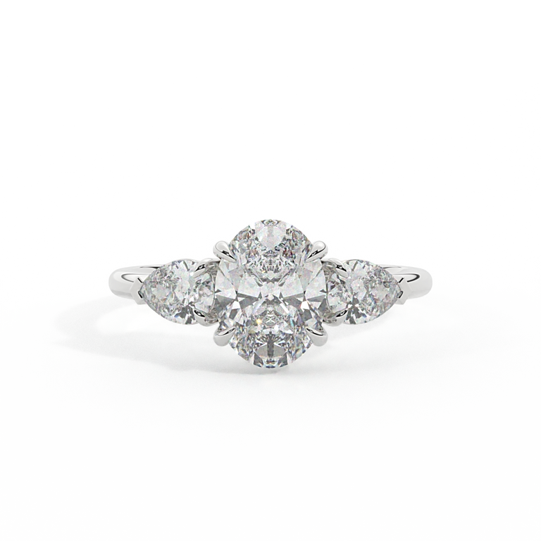Lab Grown Diamond Trilogy Oval Cut Diamond Platinum Ring with Pear Accents