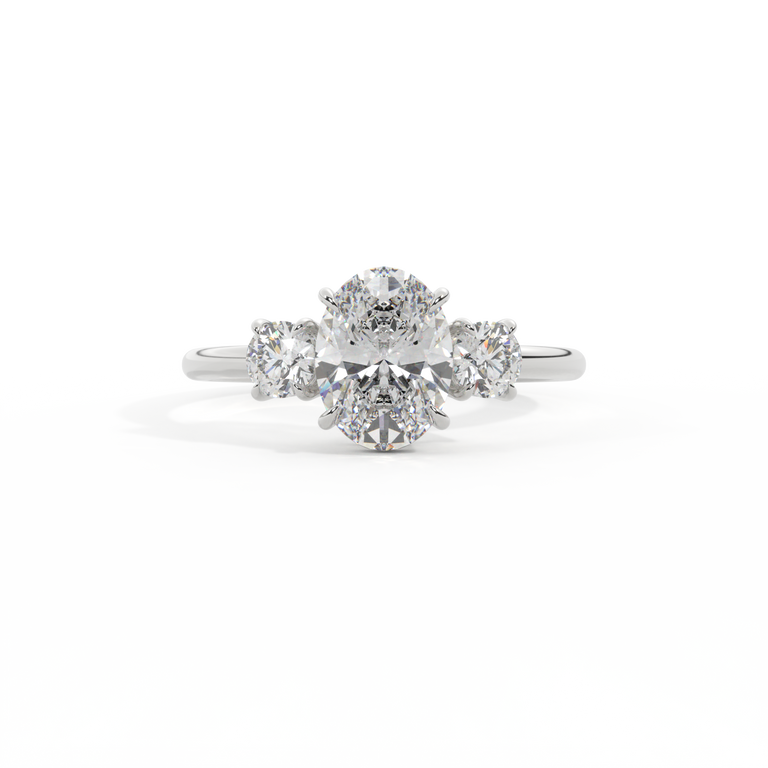 Lab Grown Diamond Trilogy Oval Cut Diamond Platinum Ring with Round Accents