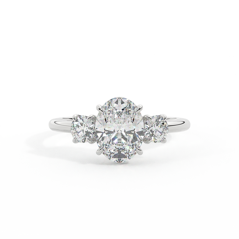 Lab Grown Diamond Trilogy Oval Cut Diamond Platinum Ring with Round Accents