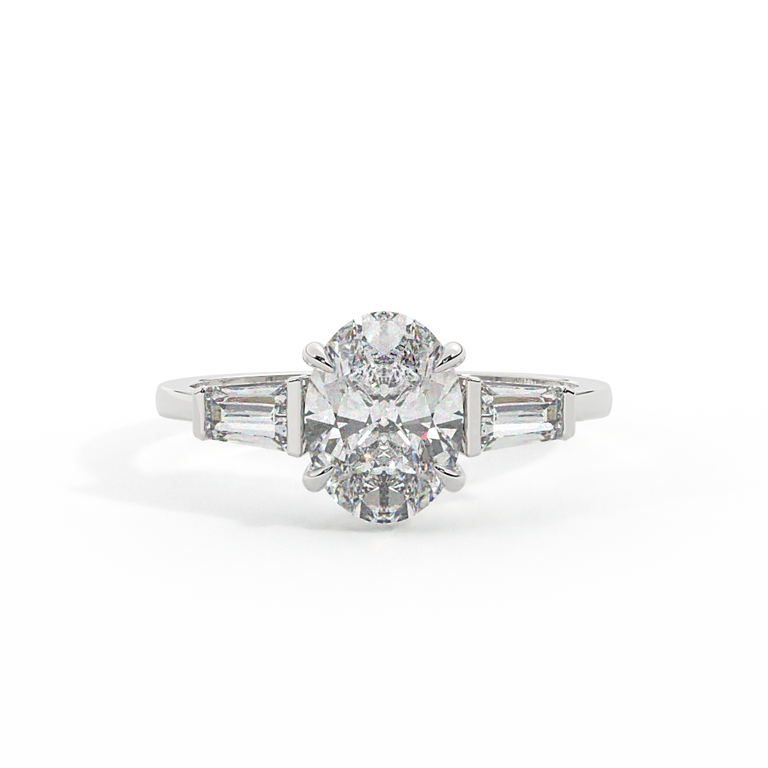 Lab Grown Diamond Trilogy Oval Cut Diamond Platinum Ring with Tapered Baguette Accents