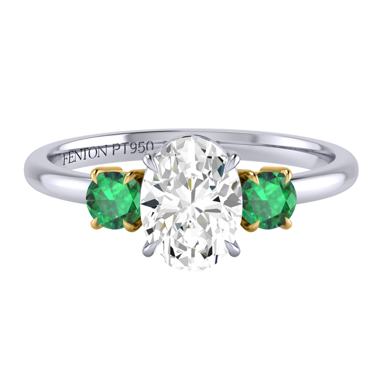 Naturally Mined Diamond Trilogy Oval Cut Diamond and Emerald Platinum Ring