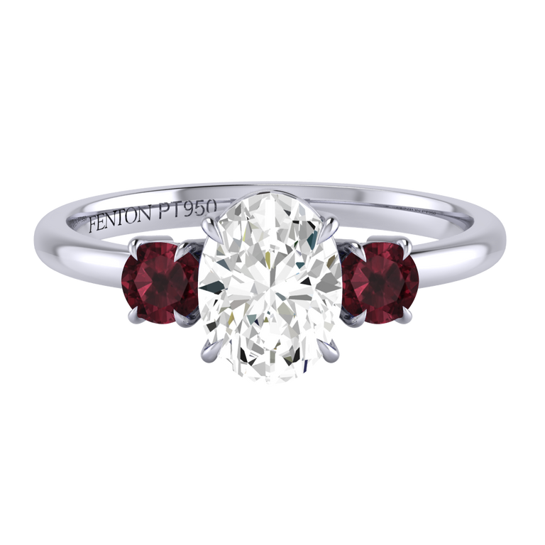 Naturally Mined Diamond Trilogy Oval Cut Diamond and Garnet Platinum Ring