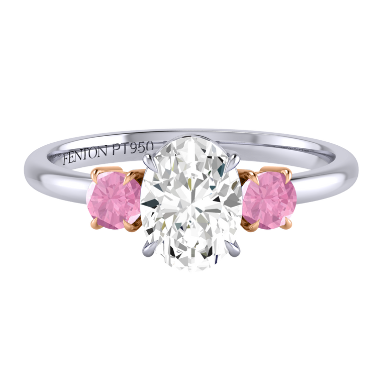 Lab Grown Diamond Trilogy Oval Cut Diamond and Pink Sapphire Platinum Ring