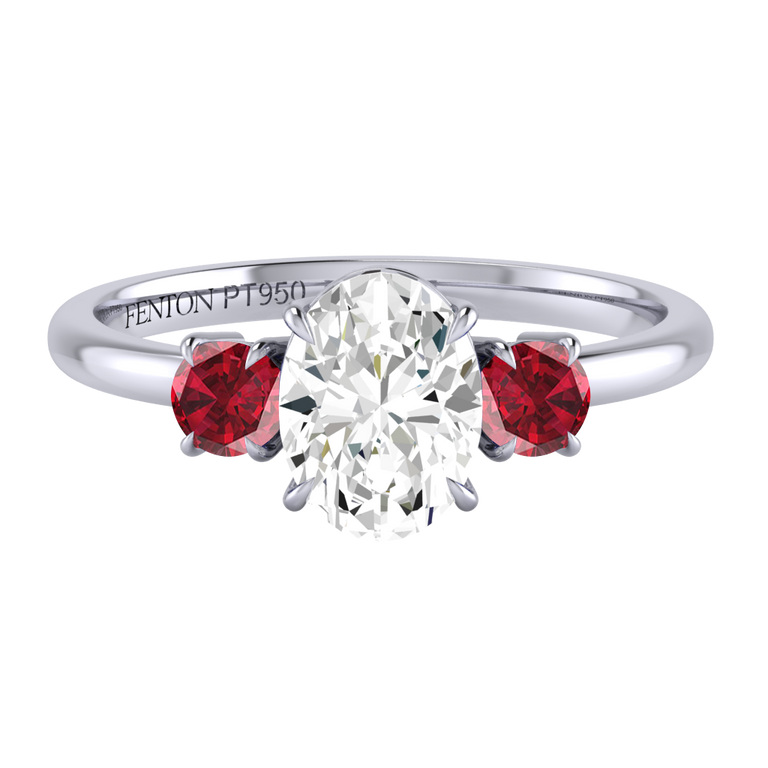 Naturally Mined Diamond Trilogy Oval Cut Diamond and Ruby Platinum Ring