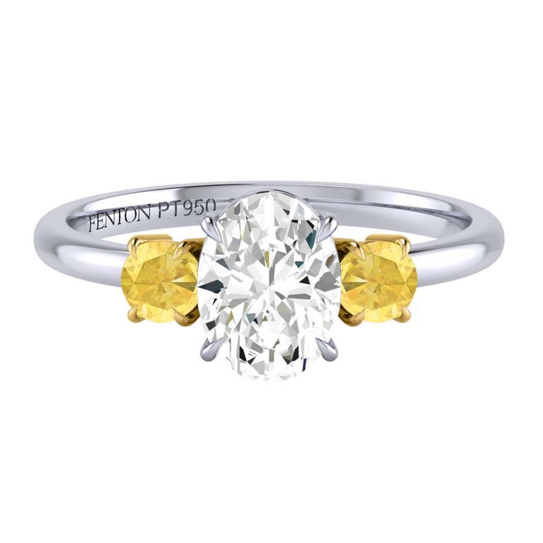 Naturally Mined Diamond Trilogy Oval Cut Diamond and Yellow Sapphire Platinum Ring