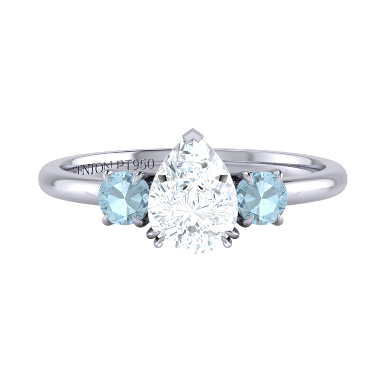 Naturally Mined Diamond Trilogy Pear Cut Diamond and Aquamarine Platinum Ring