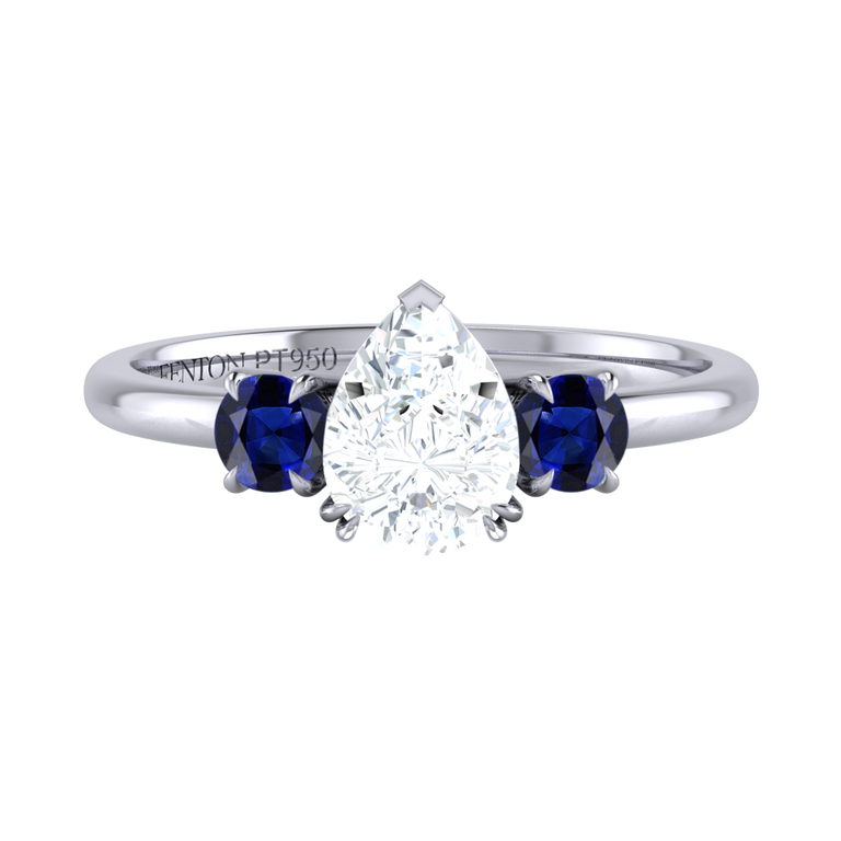 Naturally Mined Diamond Trilogy Pear Cut Diamond and Blue Sapphire Platinum Ring