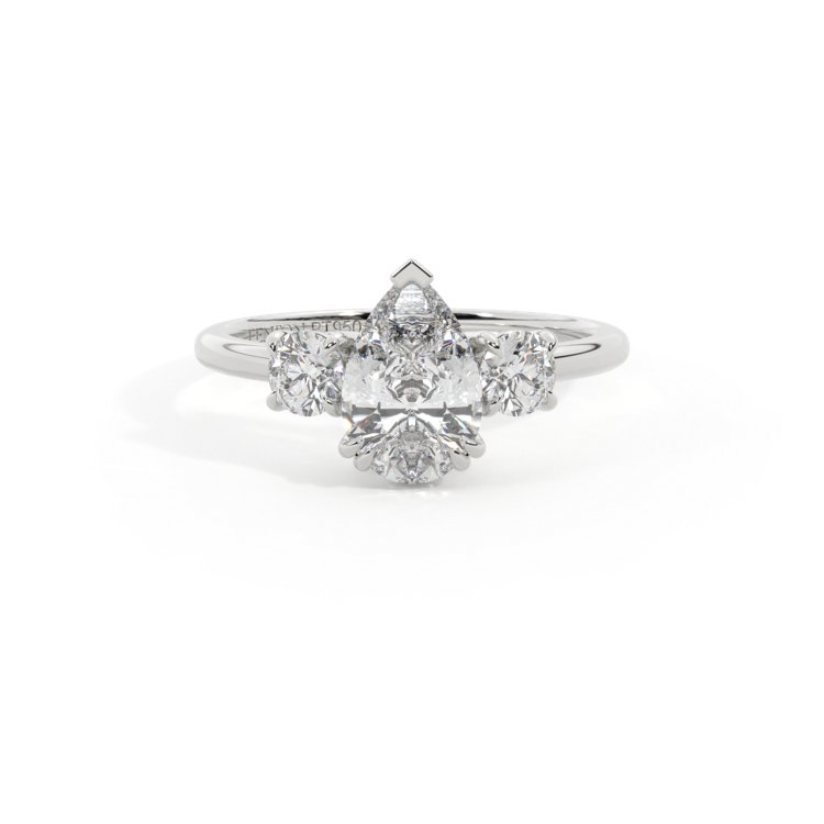 Lab Grown Diamond Trilogy Pear Cut Diamond Platinum Ring with Round Accents