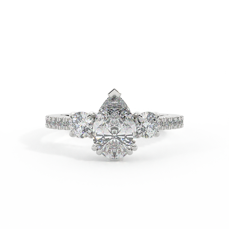 Lab Grown Diamond Trilogy Pear Cut Diamond Platinum Ring with Round Accents