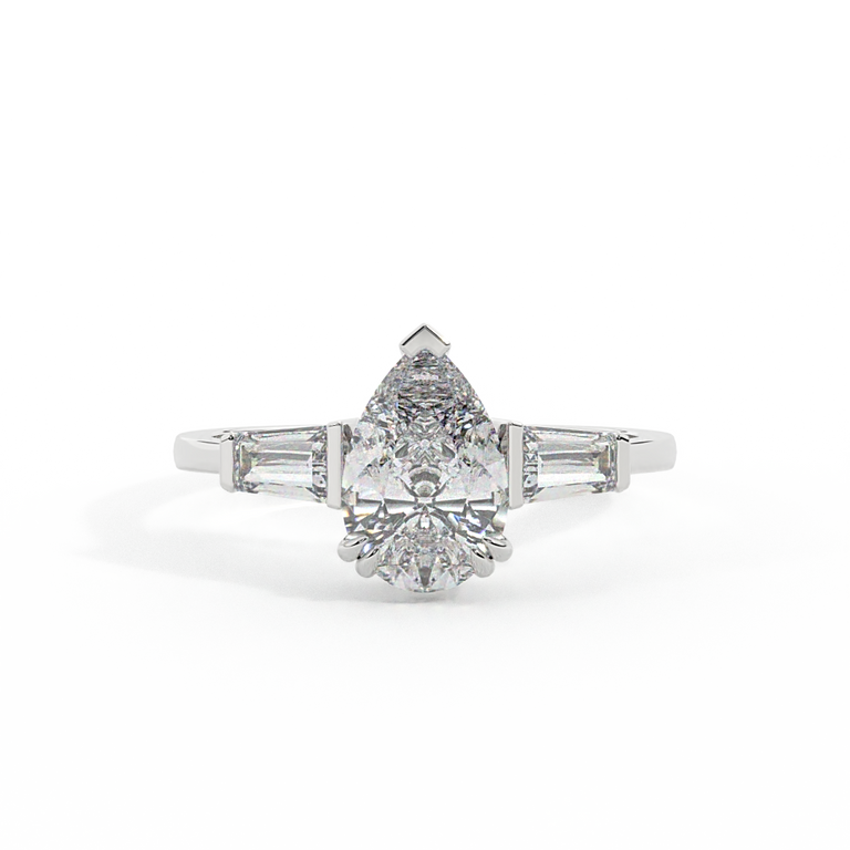 Lab Grown Diamond Trilogy Pear Cut Diamond Platinum Ring with Tapered Baguette Accents