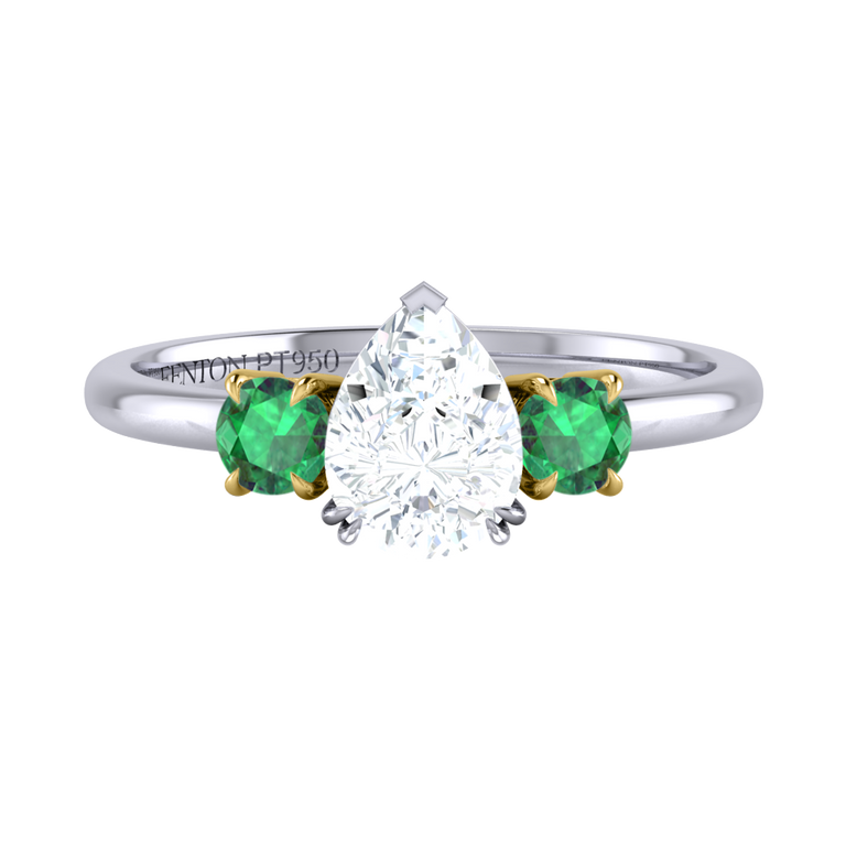 Naturally Mined Diamond Trilogy Pear Cut Diamond and Emerald Platinum Ring