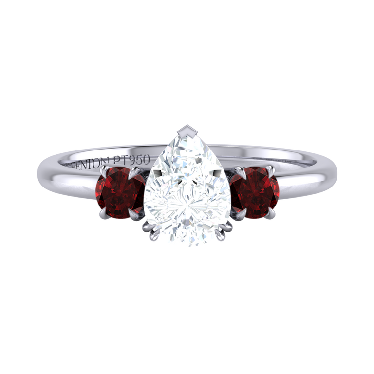 Lab Grown Diamond Trilogy Pear Cut Diamond and Garnet Platinum Ring